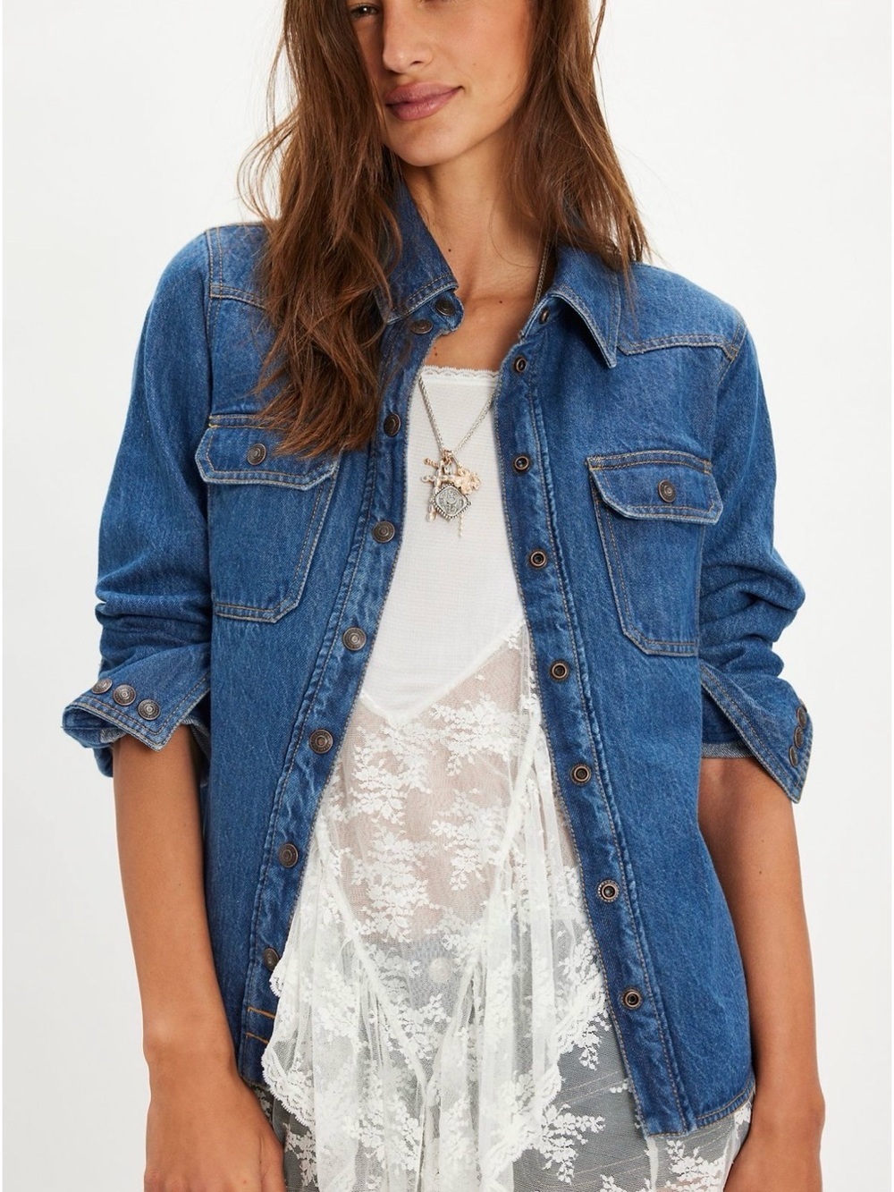 We The Free Blue Denim Button-Front Jacket